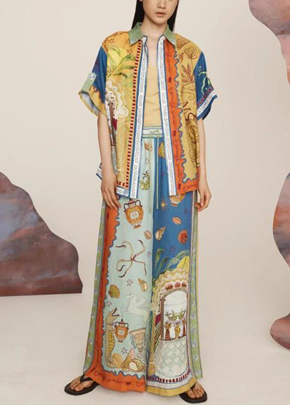Bohemian Print Elastic Waist Shirts And Wide Leg Pants Two Pieces Set Short Sleeve