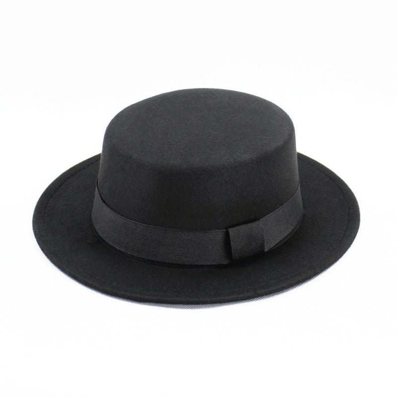 Hat Women's  Woolen Top Hat Autumn And Winter Black Vintage Gentleman  Flat Top Bow Top Hat Felt Hat