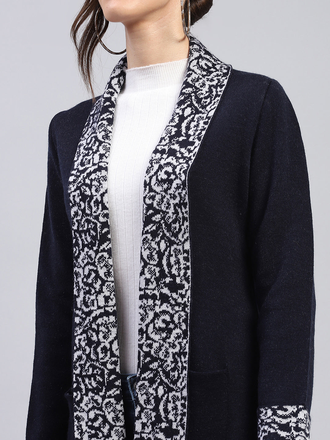 Women Navy Blue Printed Notch Lapel Collar Full Sleeve Cardigan