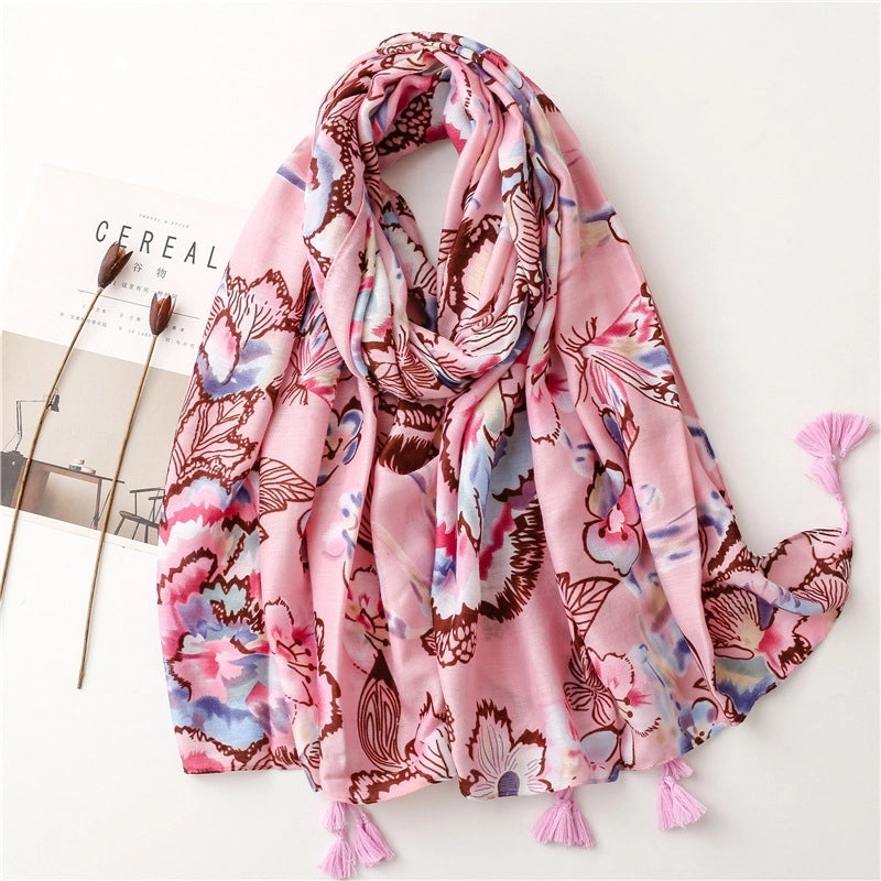 Pink Tropical Plants Flowers Flowers Cotton And Linen Braided Shawl Silk Scarf Ladies