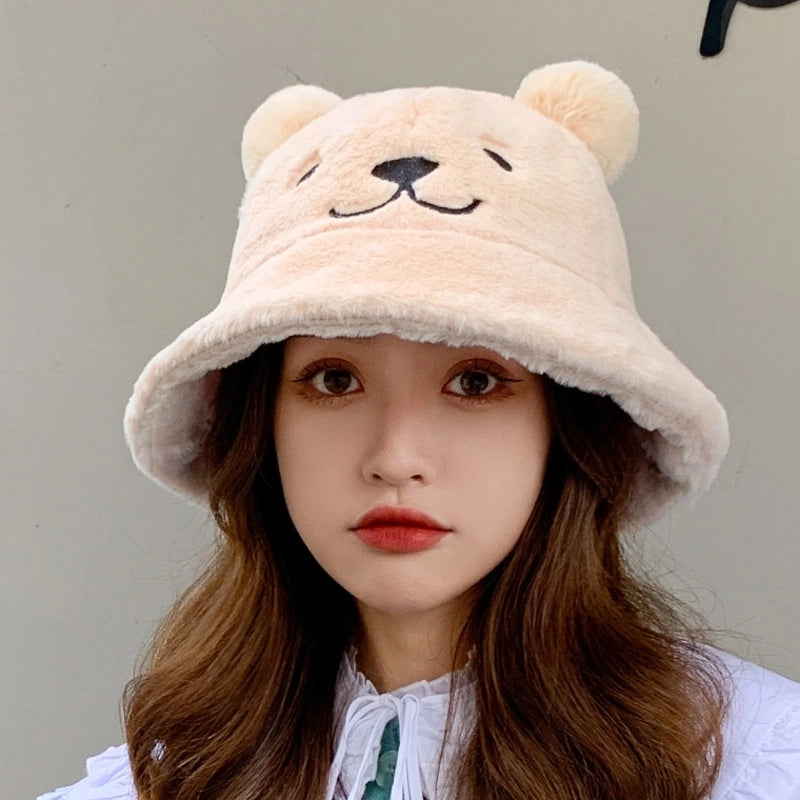 Fisherman Hat Women's Autumn And Winter Korean Style Trendy Bear Sweet Cute Lamb Plush Thickened Warm Ear Basin Hat