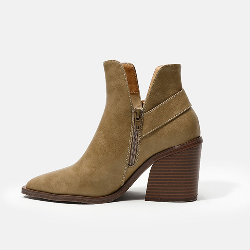 Metal Buckle Pointy Toe Chunky Heels Slit Ankle Boots