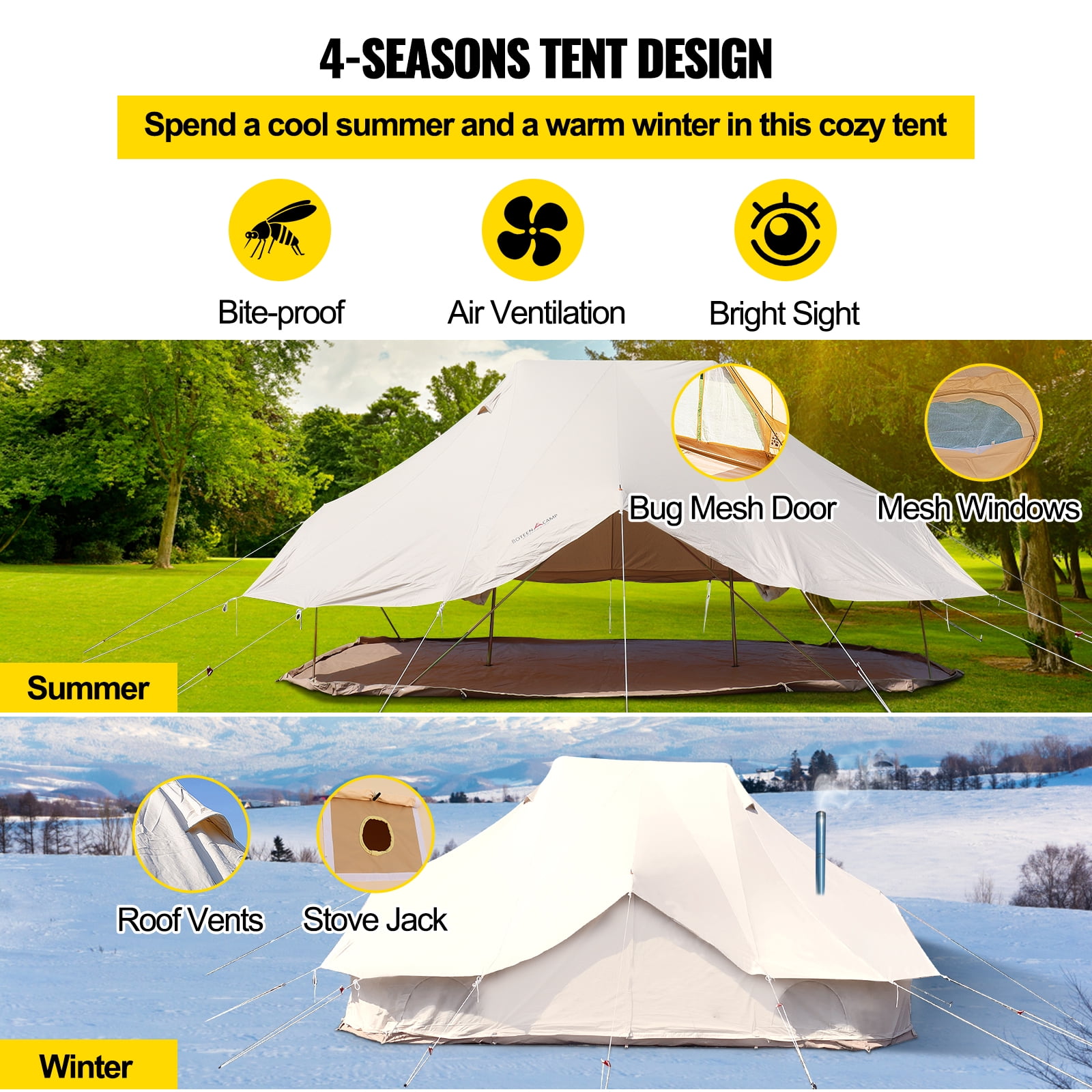 VEVORbrand Canvas Bell Tent 19.7x13.1x9.8 ft Yurt Beige Canvas Tent Cotton Glamping Tents 8-12 Person