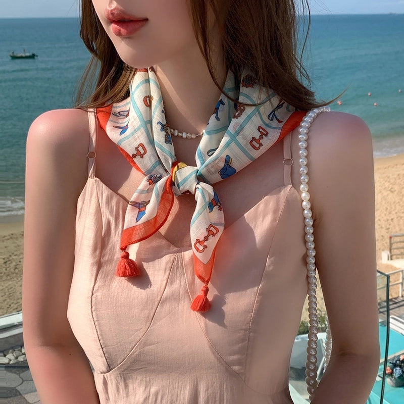 Women's Casual Minimalist Flower Cotton Printing Silk Scarf Kerchief