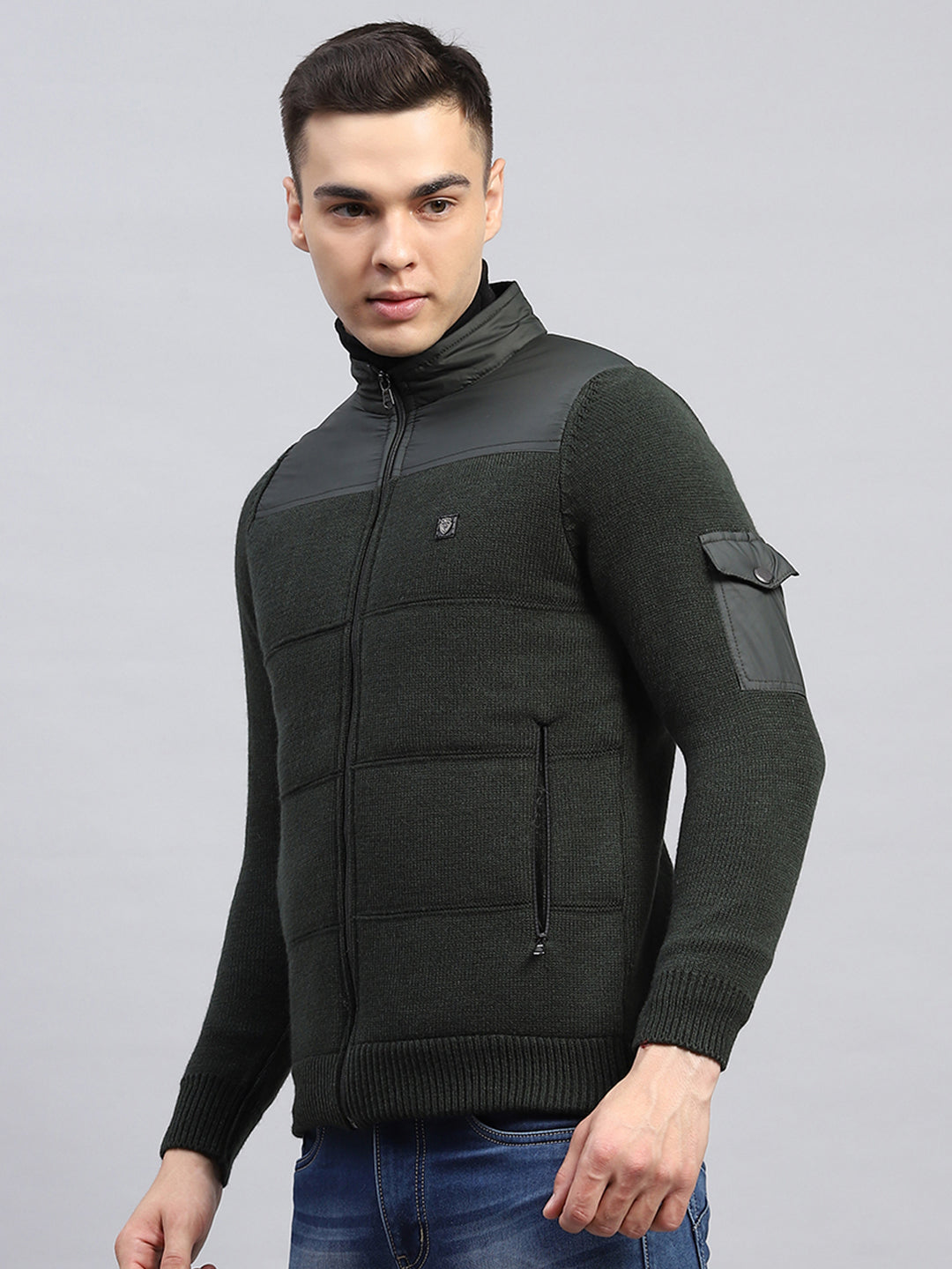 Men Green Self Design Mock Neck Full Sleeve Jacket