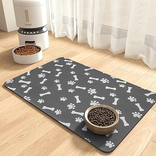 Pet Feeding Mat-Absorbent Dog Food Mat-Dog Mat for Food and Water-No Stains Quick Dry Dog Water Dispenser Mat-Pet Supplies-Dog Placemat Dog Water Bowl for Messy Drinkers 12X19 Dark Grey