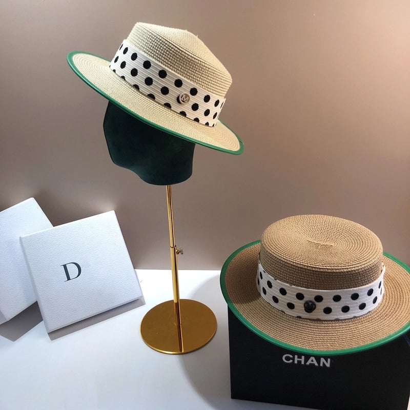 Women's Pastoral Minimalist Polka Dots Straps Big Eaves Straw Hat