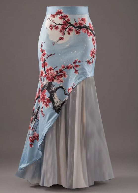 New Blue Asymmetrical Print Patchwork Skirts Summer