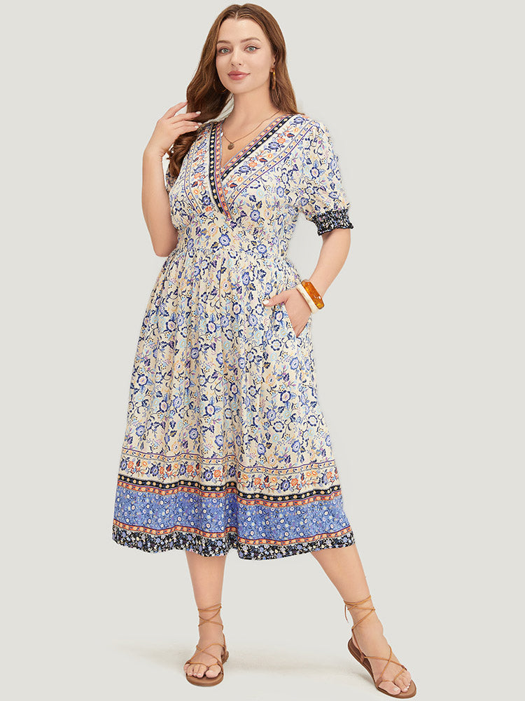 Bandana Print Surplice Neck Pocket Shirred Puff Sleeve Dress