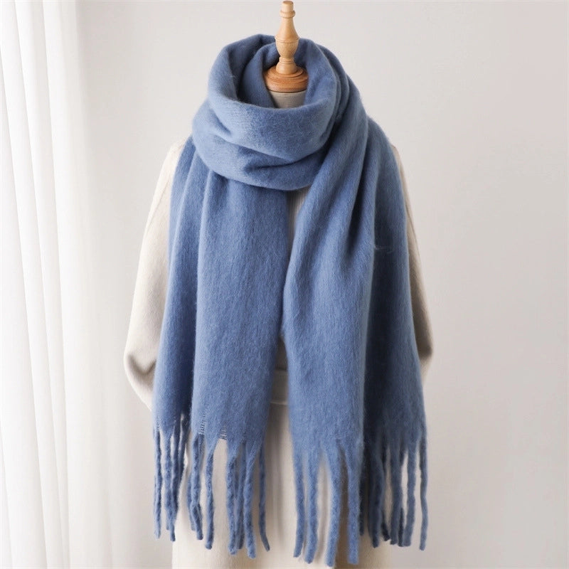Mohair Scarf Pure Color All-matching Winter Warm Lengthened Fringe Bib Scarf Men's And Women's European And American Export Thick Scarf