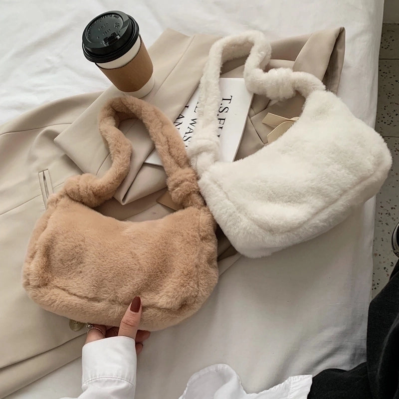 Korean Style Autumn And Winter Mao Solid Color Mini Bag Casual Fashion Internet Popular Underarm Women's Bag Fashionable Western Style Plush Handbag