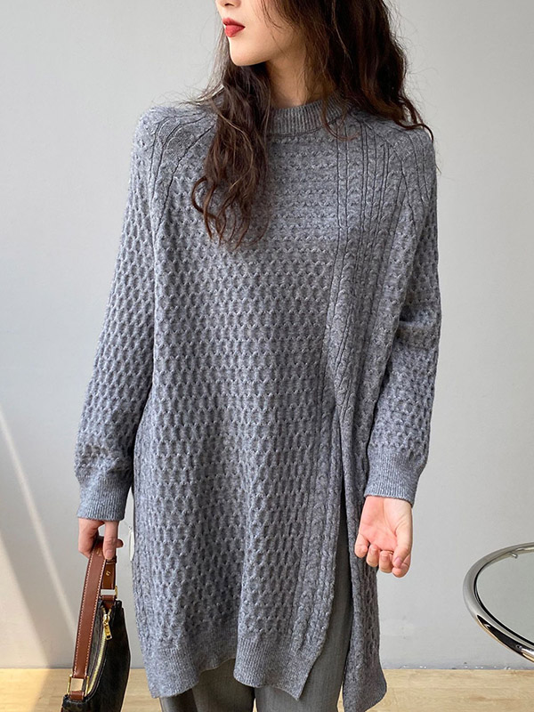 Original Irregular 5 Colors Split-Side Round-Neck Long Sleeves Sweater Top