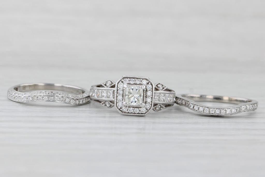 1.45ctw Diamond Halo Engagement Ring Wedding Band Bridal Set 14k White Gold