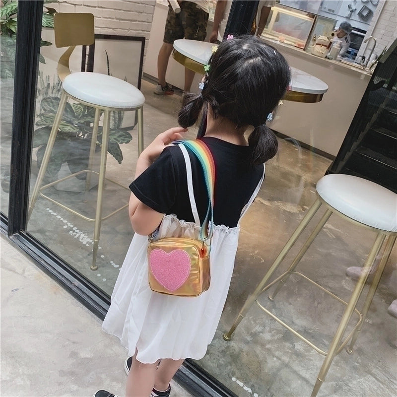 Girl'S Small Pu Leather Rainbow Heart Shape Cute Zipper Crossbody Bag