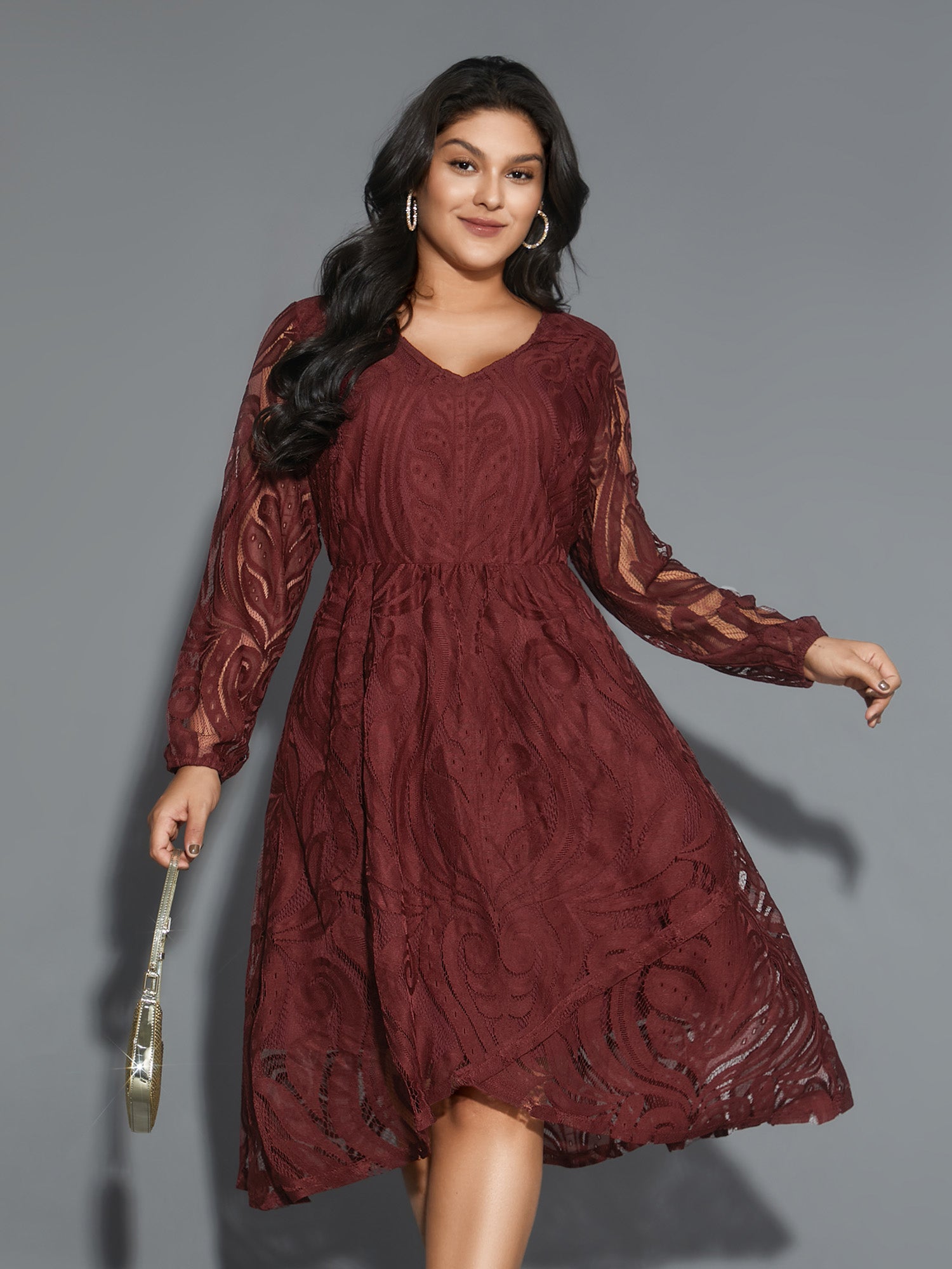 Crochet Lace Mesh Lantern Sleeve Dress