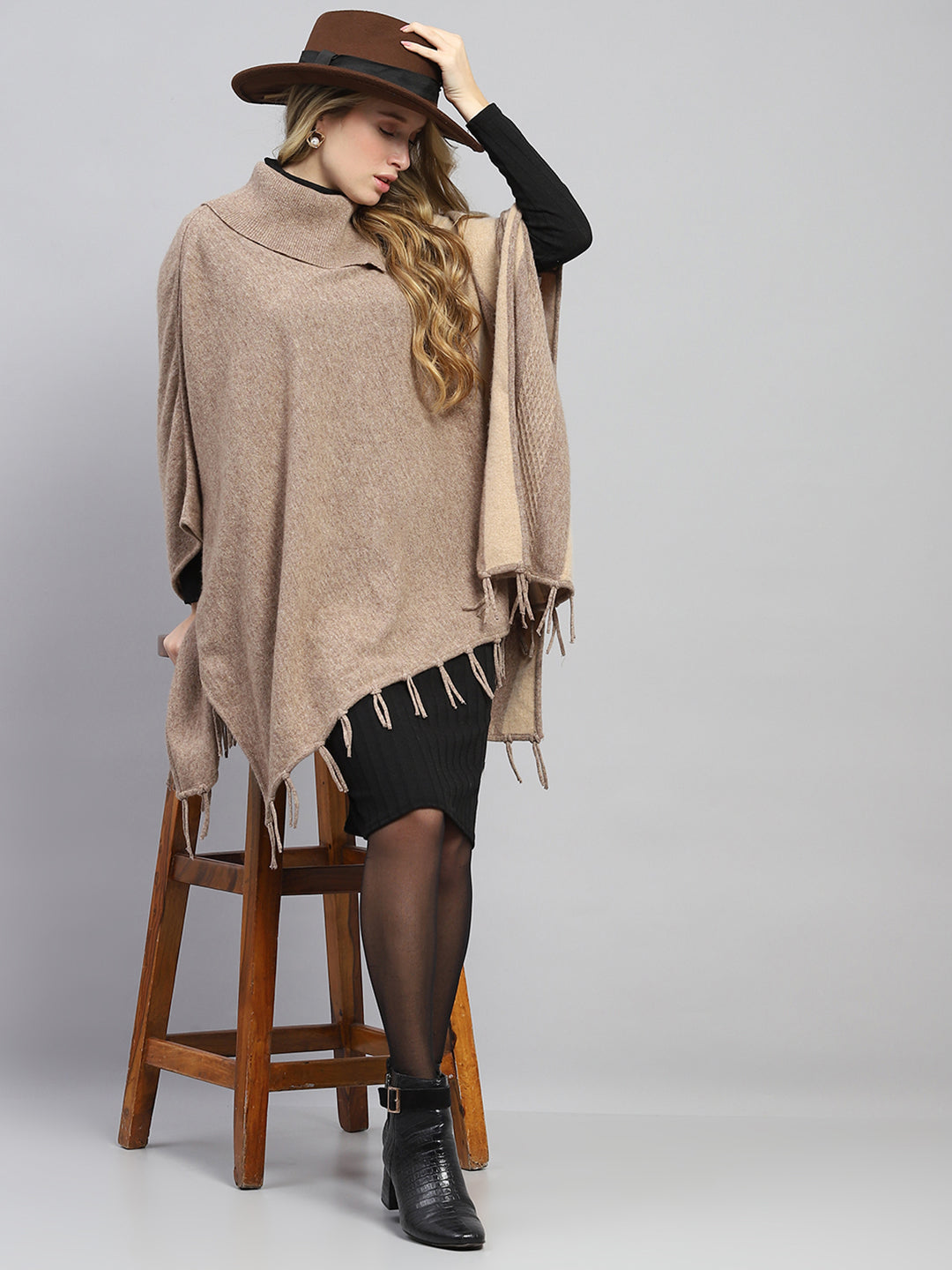 Women Khaki Solid Poncho