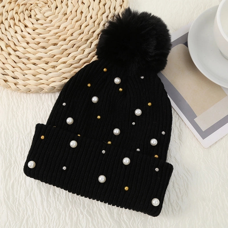 Women's Basic Sweet Minimalist Solid Color Pom Poms Pearl Eaveless Wool Cap