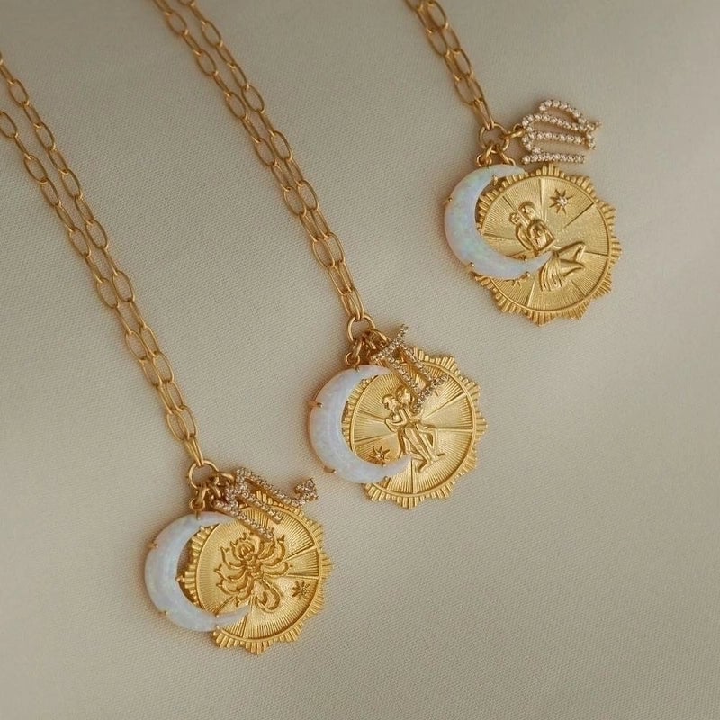 Casual Retro Constellation Stainless Steel Plating Hollow Out Inlay Opal Zircon 18k Gold Plated Pendant Necklace