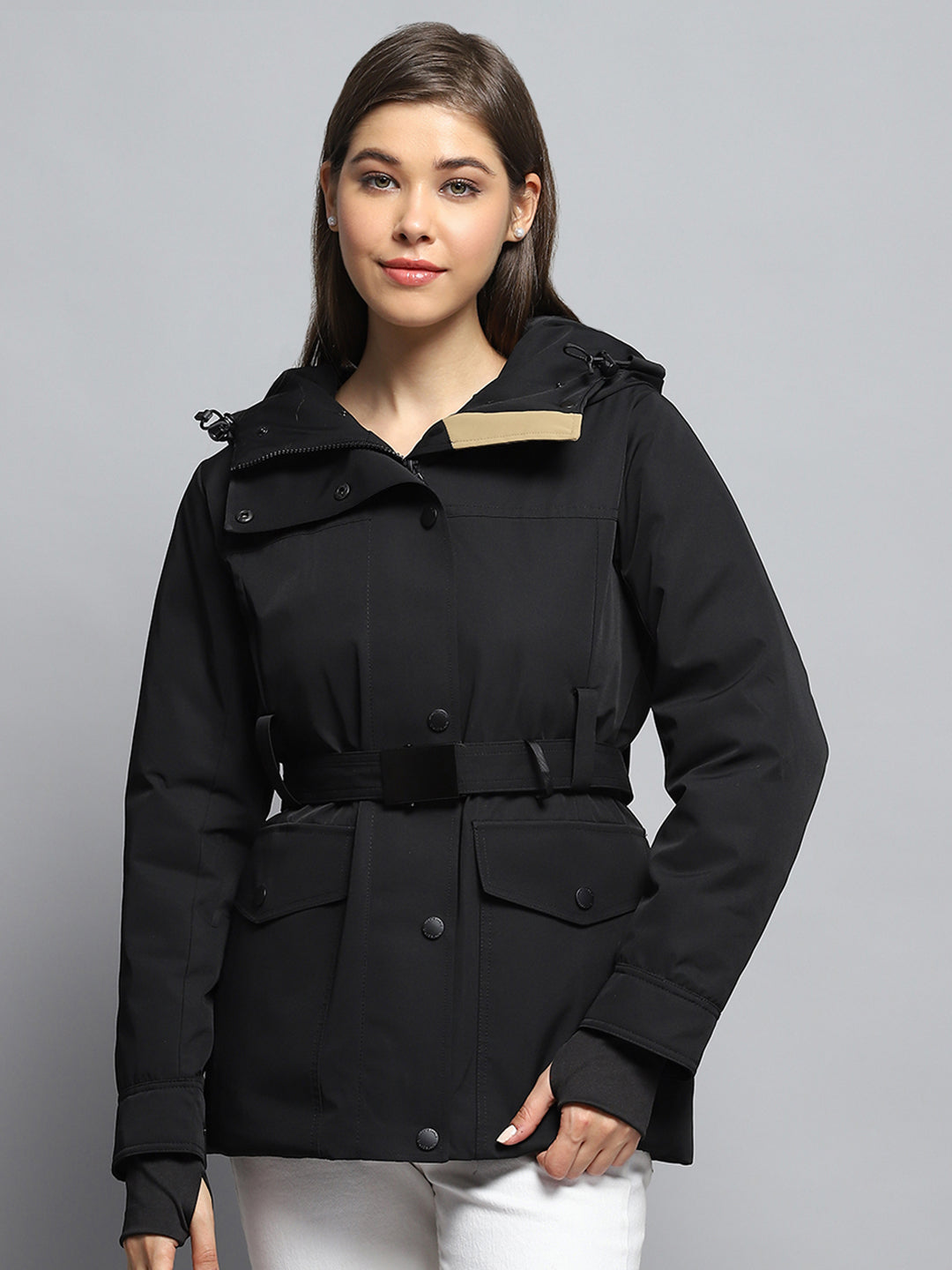 Women Black Solid Hooded Full Sleeve Jacket