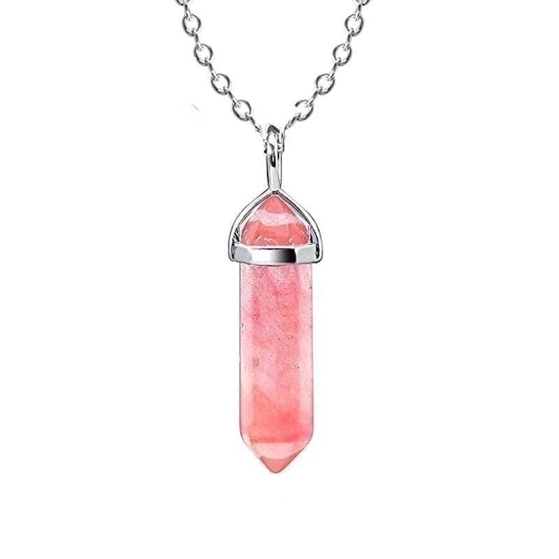 Fashion Hexagon Prism Alloy Natural Stone Cable Chain Pendant Necklace In Bulk