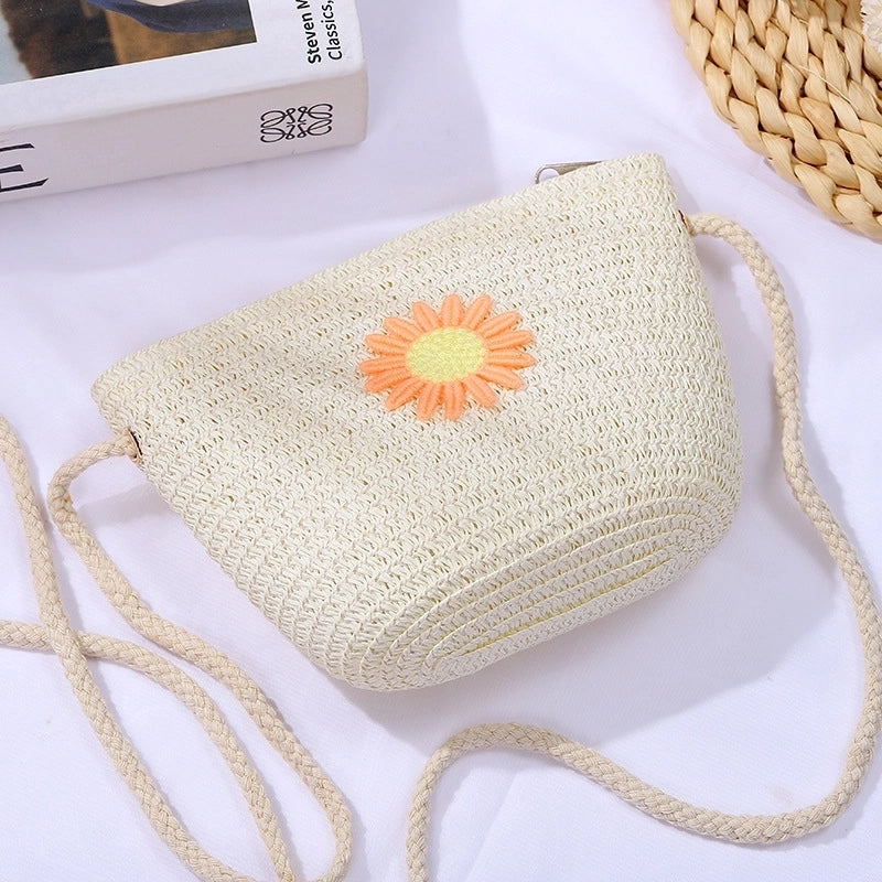 Women's Mini Straw Daisy Vintage Style Round Zipper Straw Bag