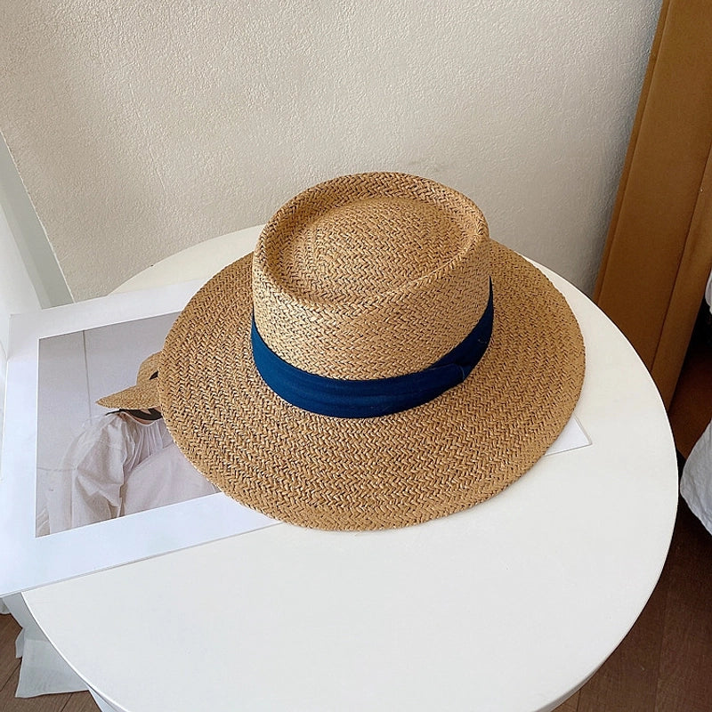 Women's Minimalist Classic Style Color Block Flat Eaves Straw Hat