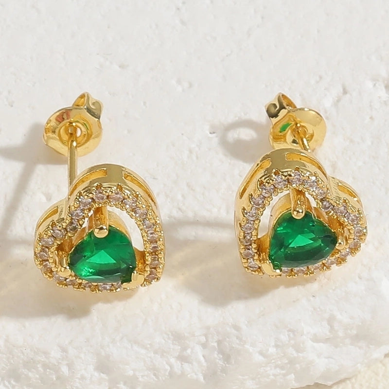 1 Pair Minimalist Shiny Heart Shape Plating Inlay Copper Zircon 14k Gold Plated Ear Studs