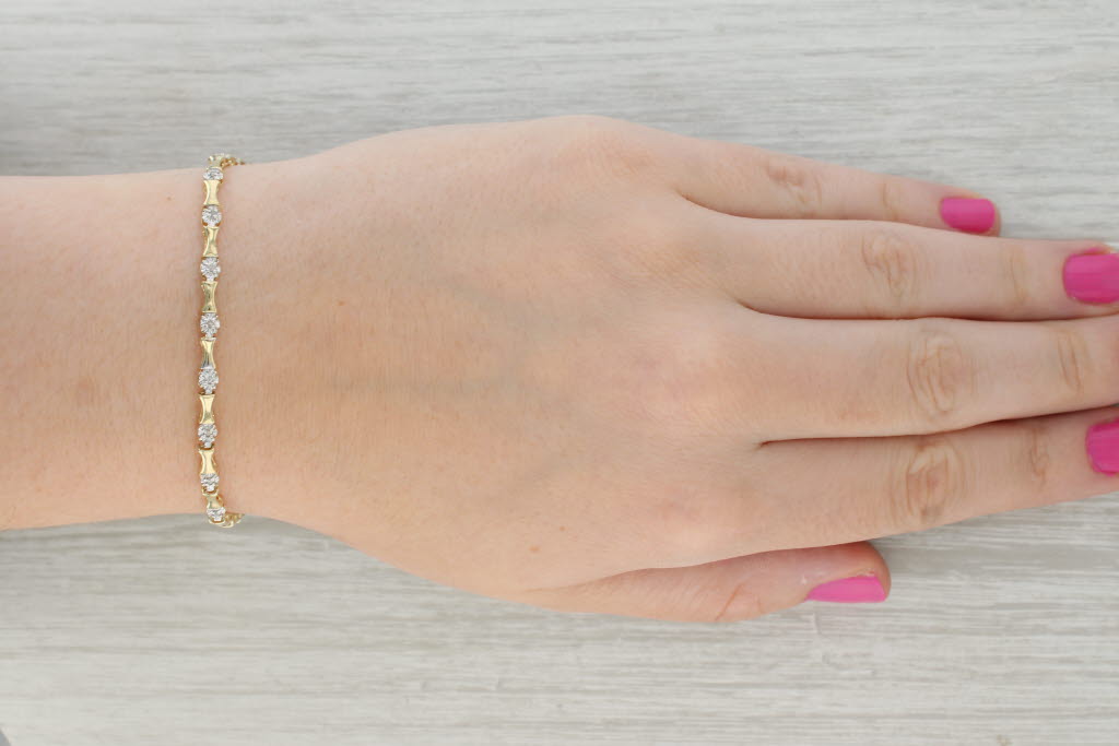 0.12ctw Diamond Bamboo Link Bracelet 10k Yellow Gold 7 3.4mm