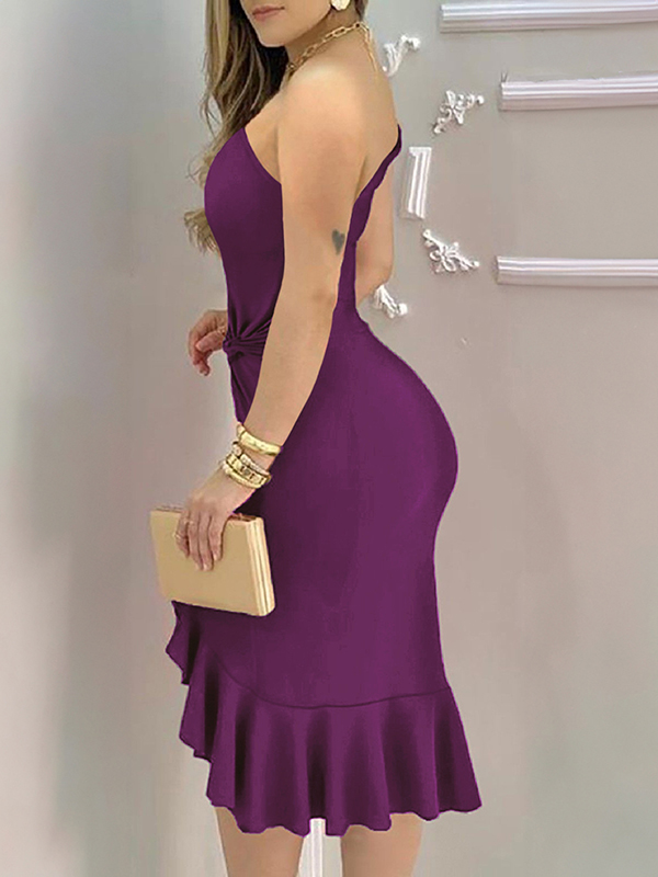 Bodycon High Waisted Asymmetric Pleated Solid Color One-Shoulder Midi Dresses