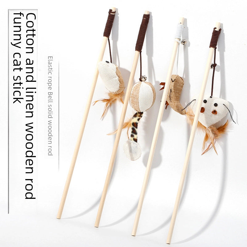 Cat Toys Linen Mouse Wooden Pole Cat Teaser Handheld Interactive Cat Teaser Toy Cat Supplies