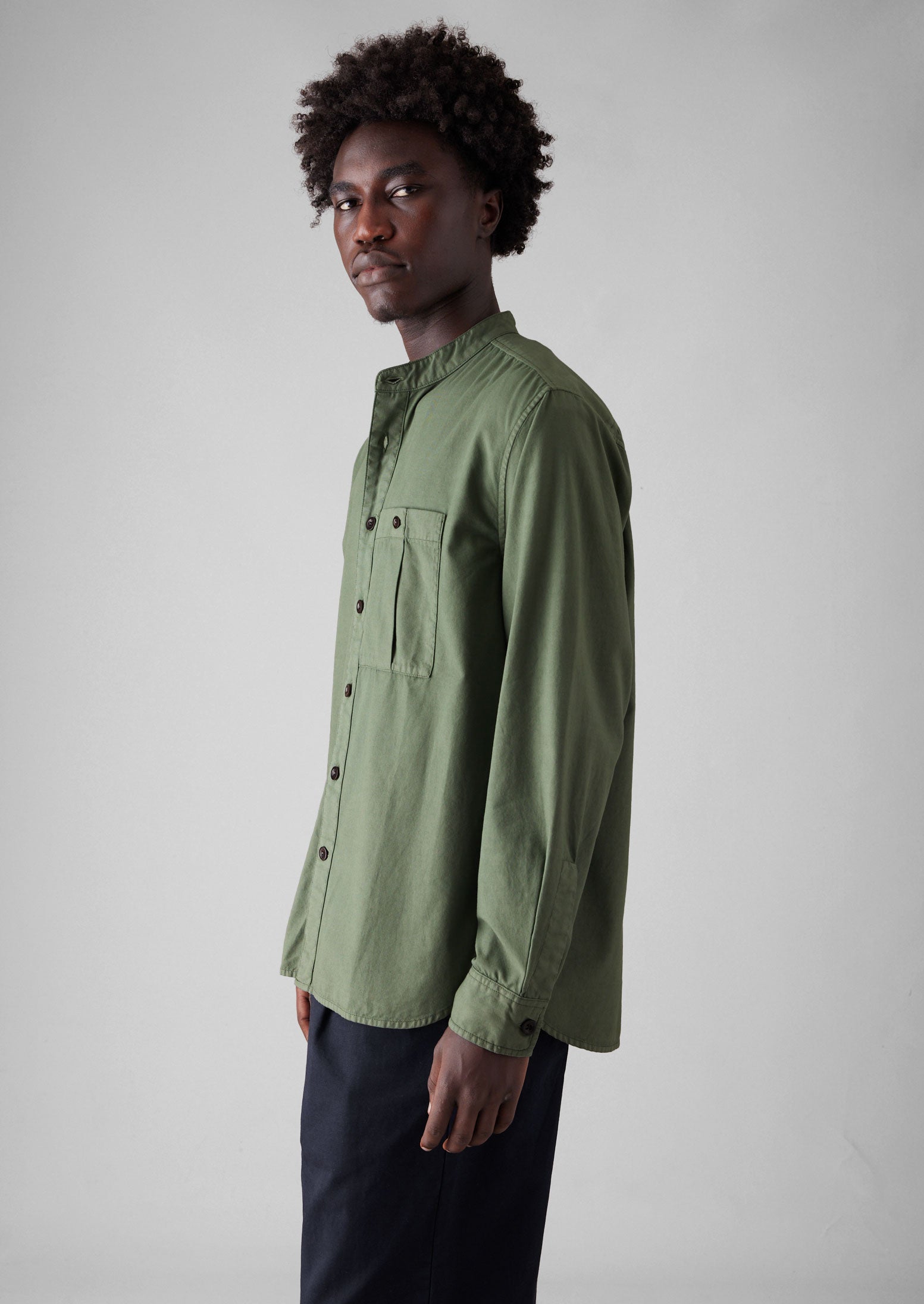 Garment Dyed Oxford Grandad Collar Shirt | Olive