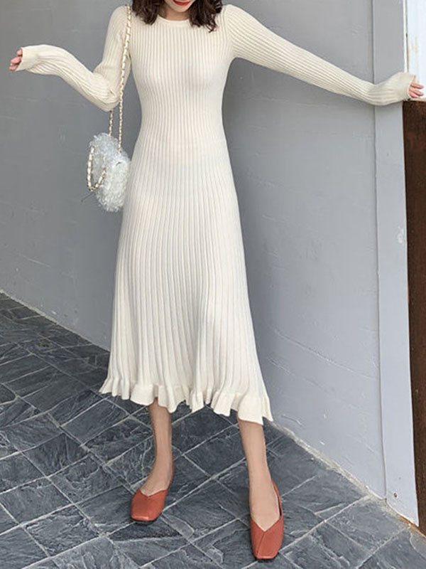 Long Sleeves Loose Ruffled Solid Color Round-Neck Midi Dresses Sweater Dresses