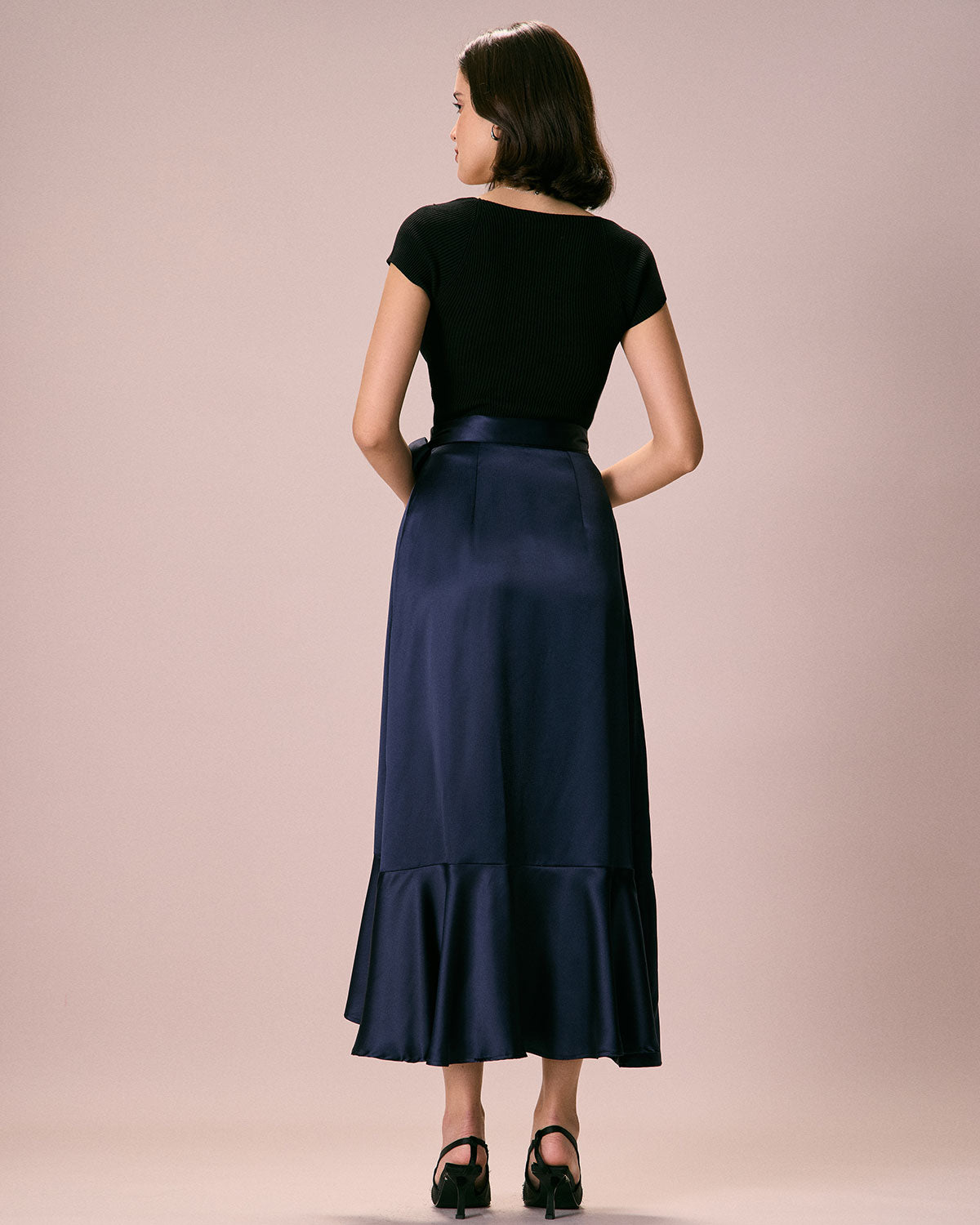 The Navy Drawstring Ruffle Satin Midi Skirt