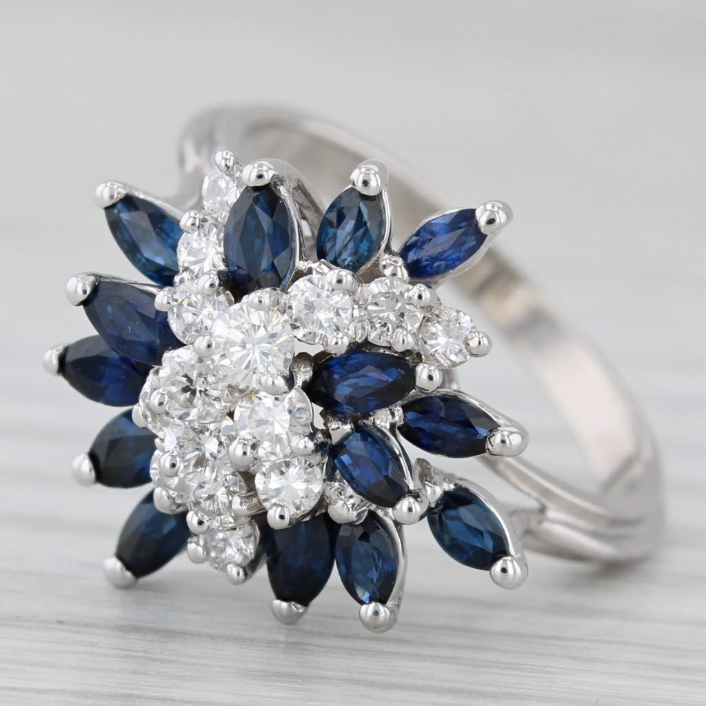 1.77ctw Blue Sapphire Diamond Cluster Cocktail Ring 18k White Gold Size 7.5