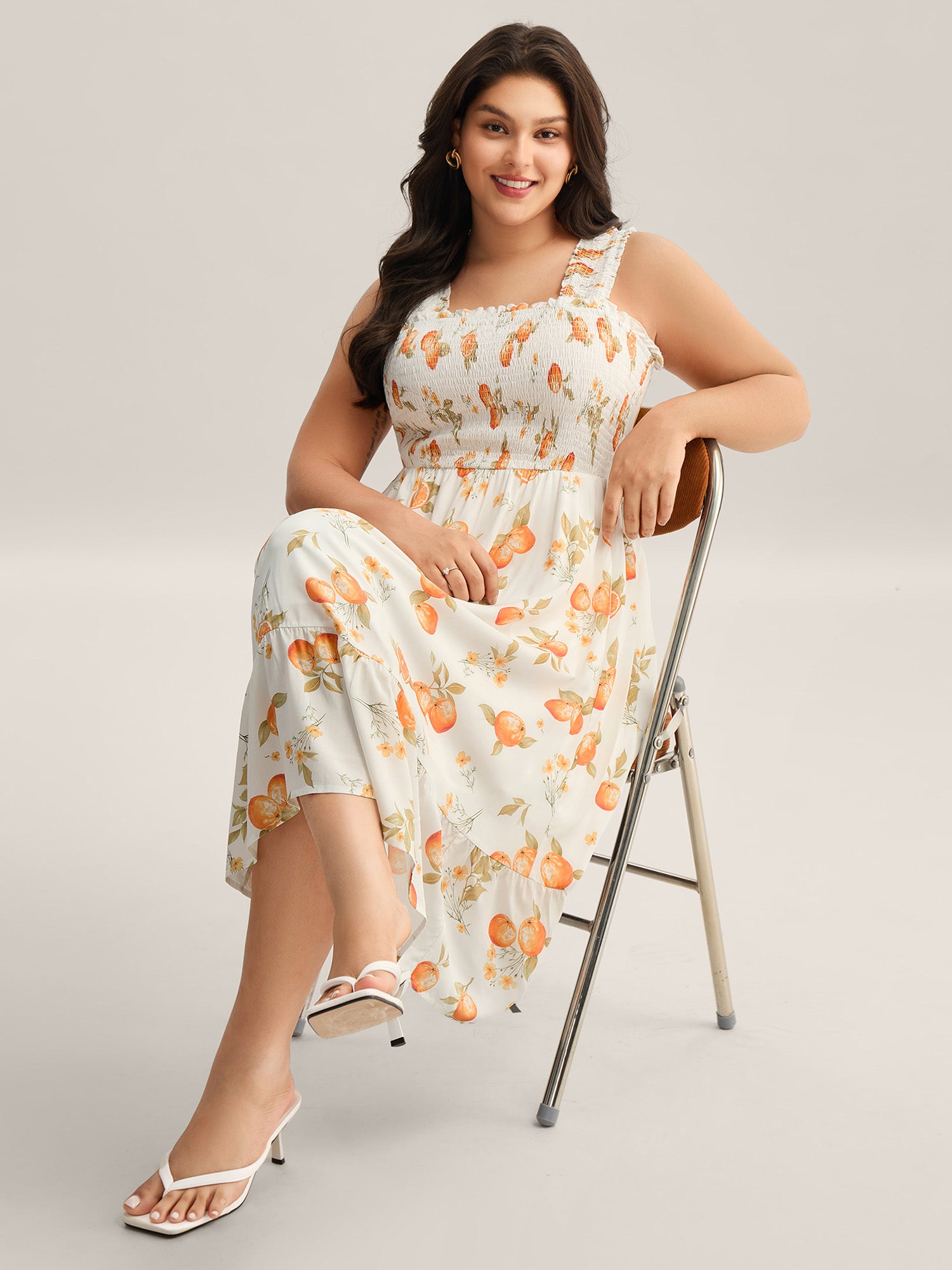 Citrus Print Shirred Pockets Midi Dress
