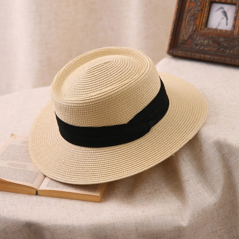 Big Head Straw Hat Women's Flat Top Hat Flat Brim Sunshade Hat Fashionable Women's Straw Sun Hat Showing Small Face