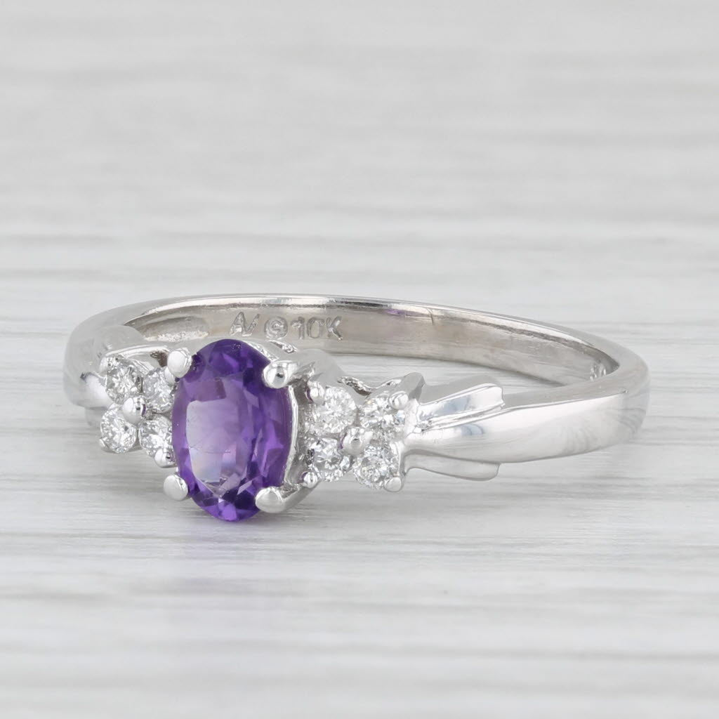0.44ctw Oval Amethyst Diamond Ring 10k White Gold Size 5.75