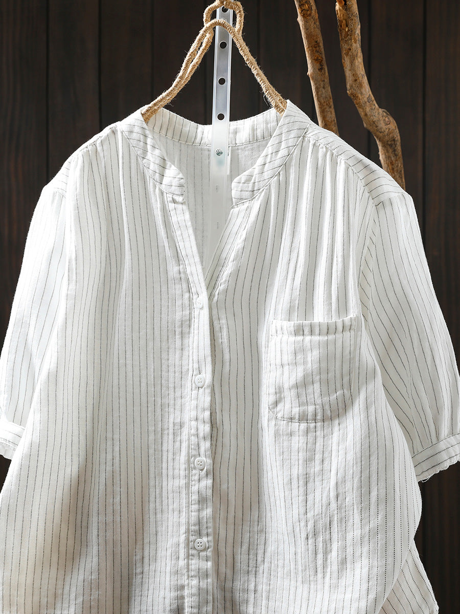 Women Summer Artsy Stripe Plaid 100%Cotton Shirt