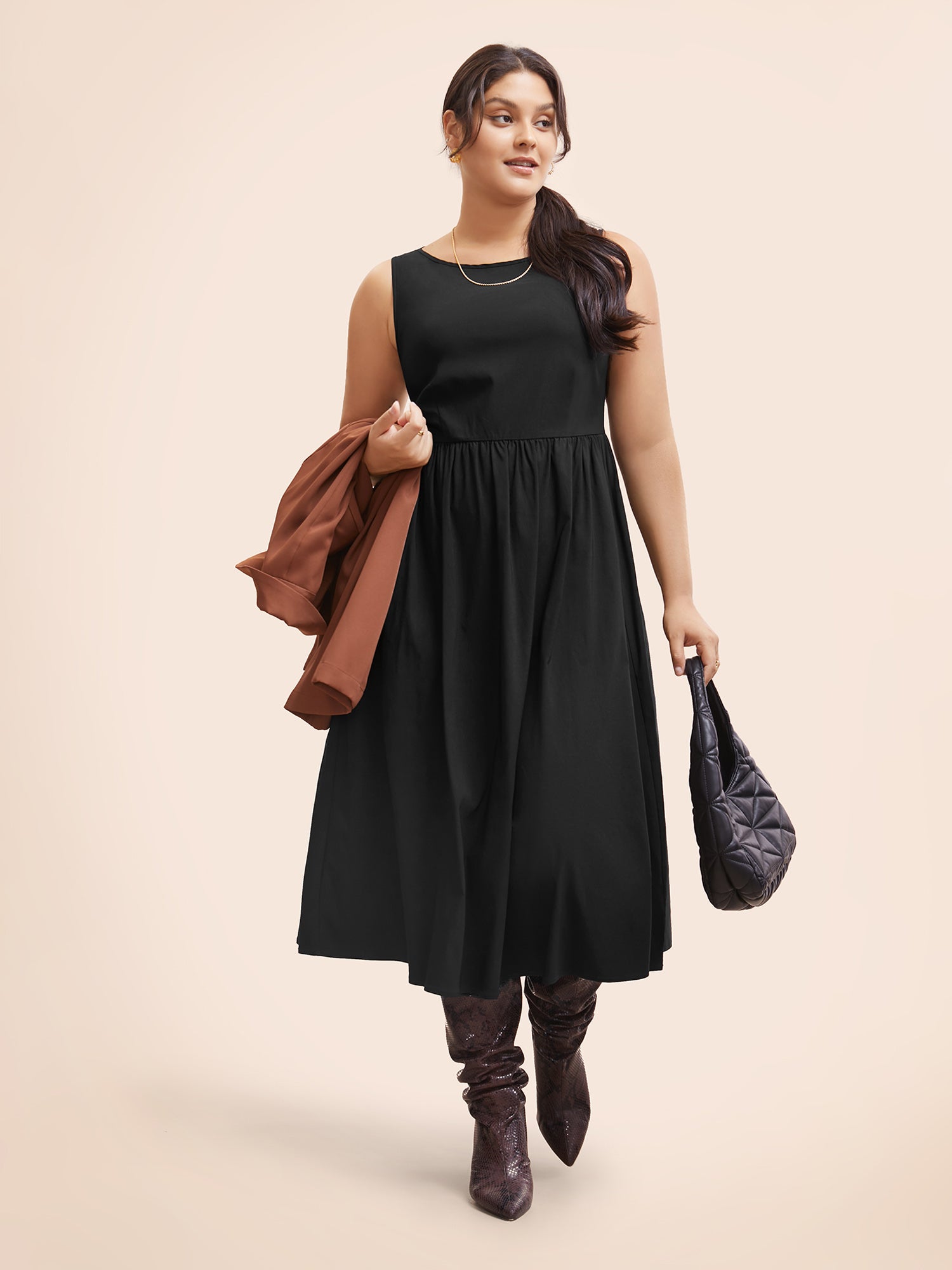 Stretch Woven Blend Multiple Splicing Midi Dress