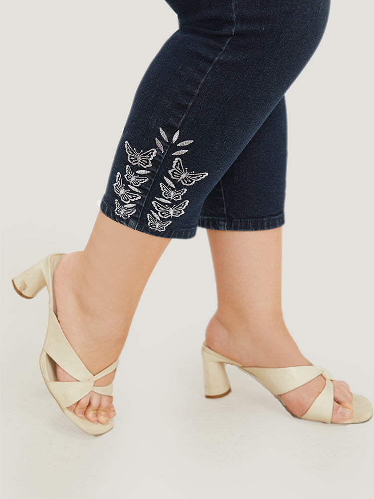 Very Stretchy High Rise Dark Wash Butterfly Embroidered Jeans