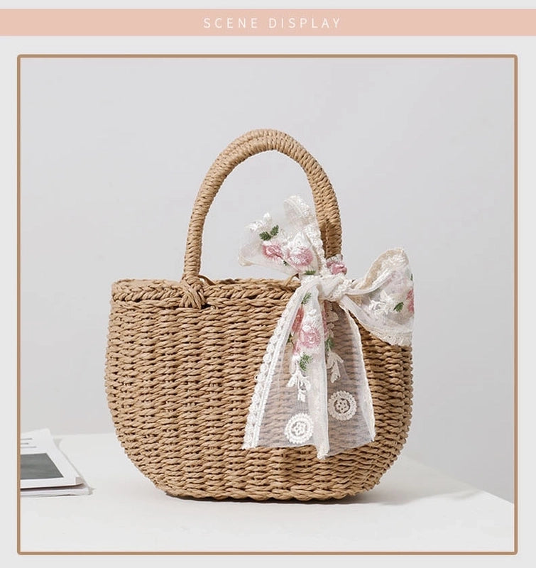 Women's Medium Straw Bow Knot Elegant Square String Straw Bag