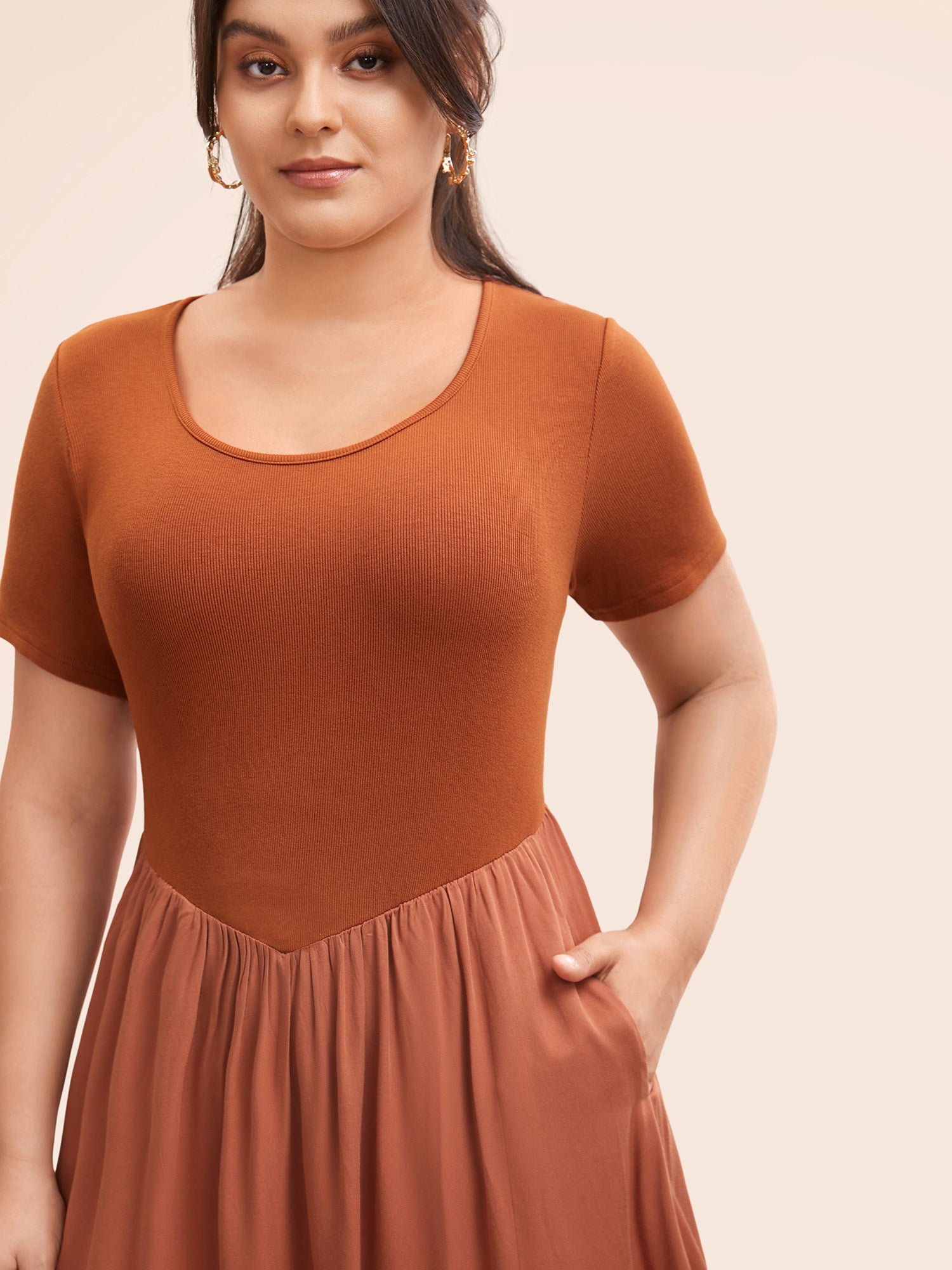 U Neck Patchwork Midi Dress