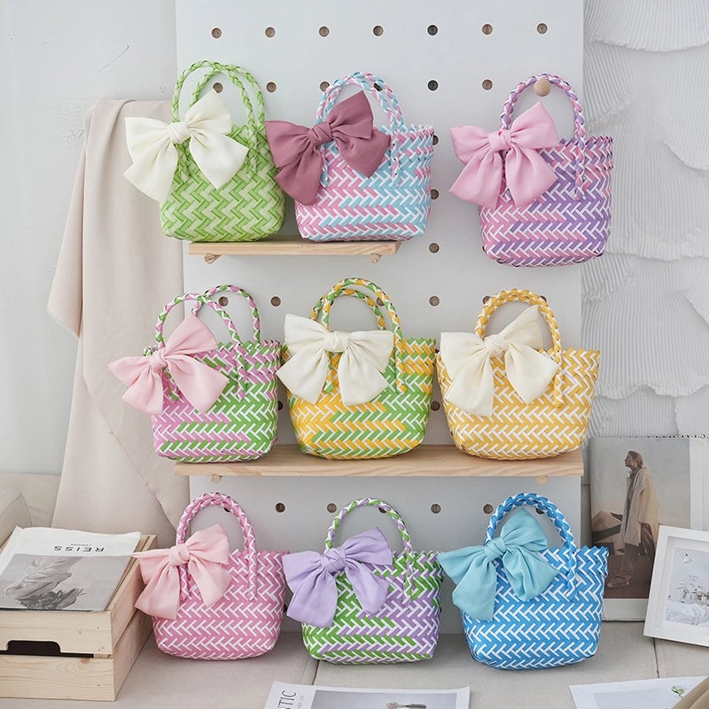 Women's Small PVC Stripe Bow Knot Cute Weave Square Open Handbag