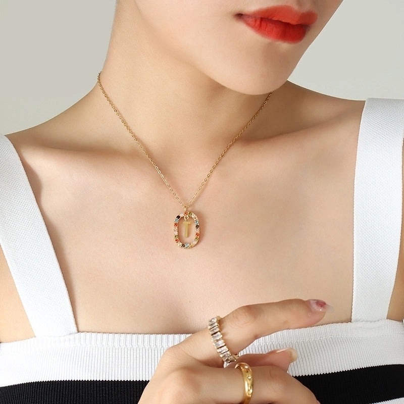 INS Style Letter Oval Titanium Steel Zircon 18K Gold Plated Inlay Necklace