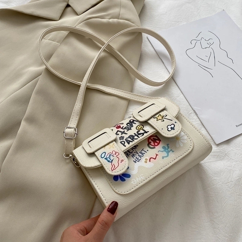 Medium Pu Leather Square Bag Graffiti Cambridge Bag