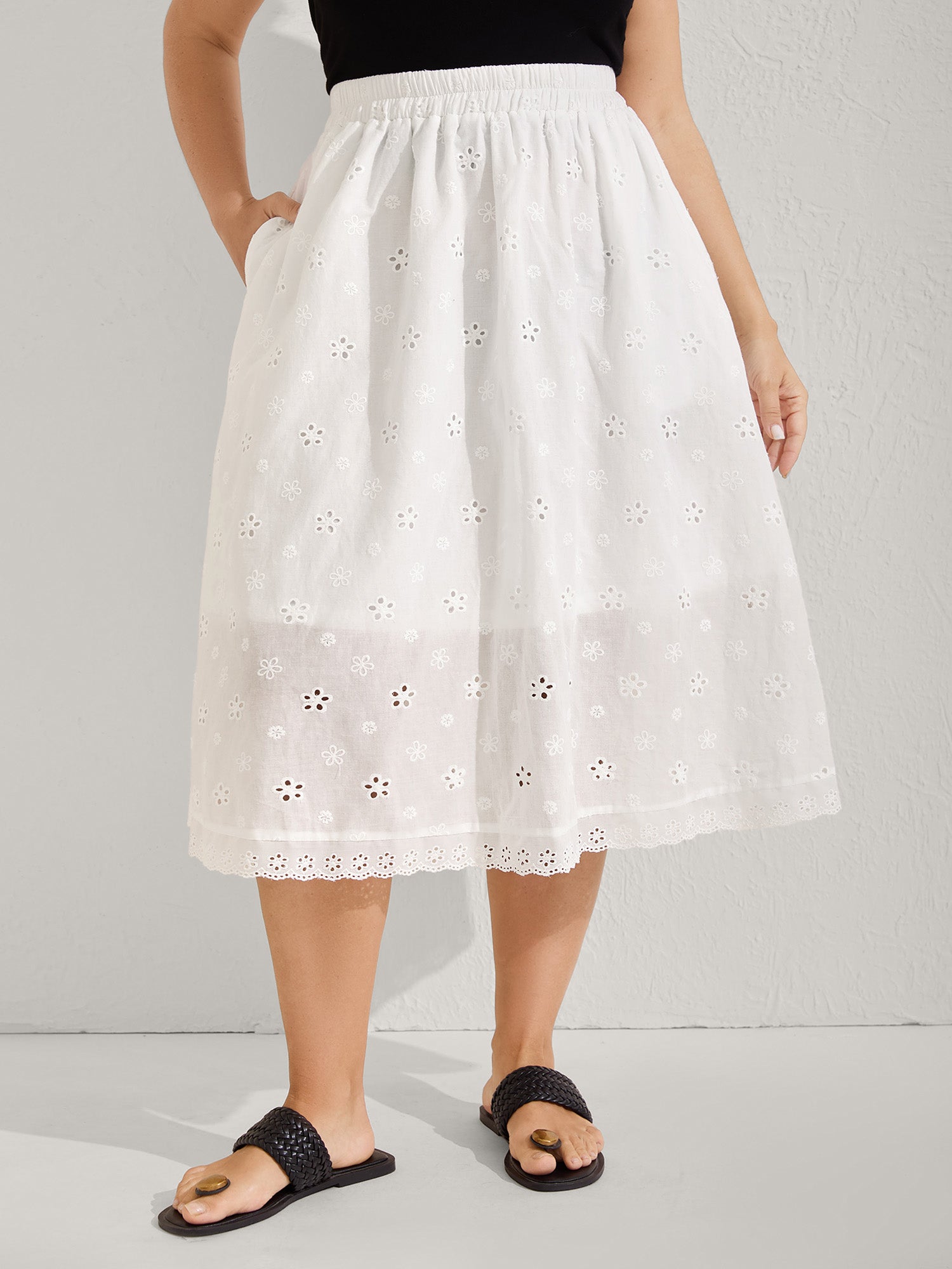 Cotton Eyelet Trim Solid Lined Midi Skirt