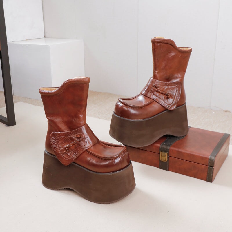 Retro Boots For Women Leather 90mm Platform Boots Touch-strap in Black/Coffee
