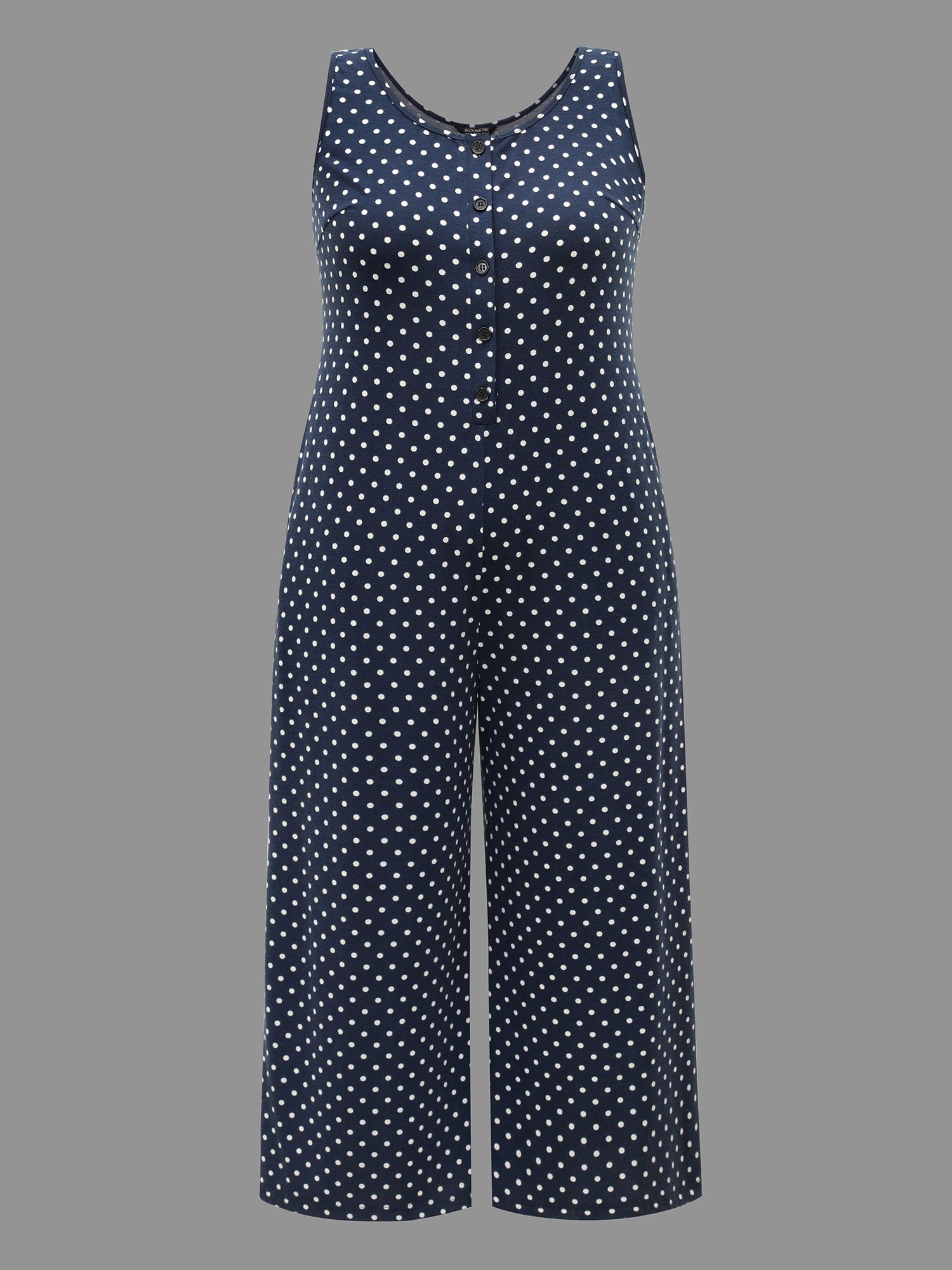 U Neck Polka Dot Button Up Sleep Jumpsuit