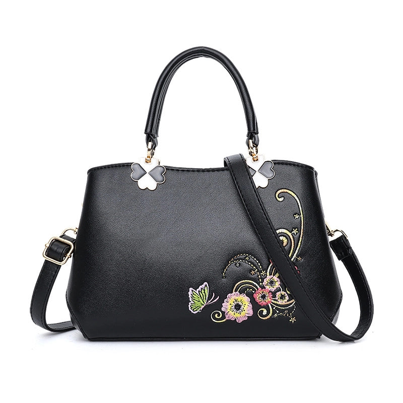 Women's Pu Leather Flower Bee Classic Style Sewing Thread Bucket Zipper Handbag Crossbody Bag