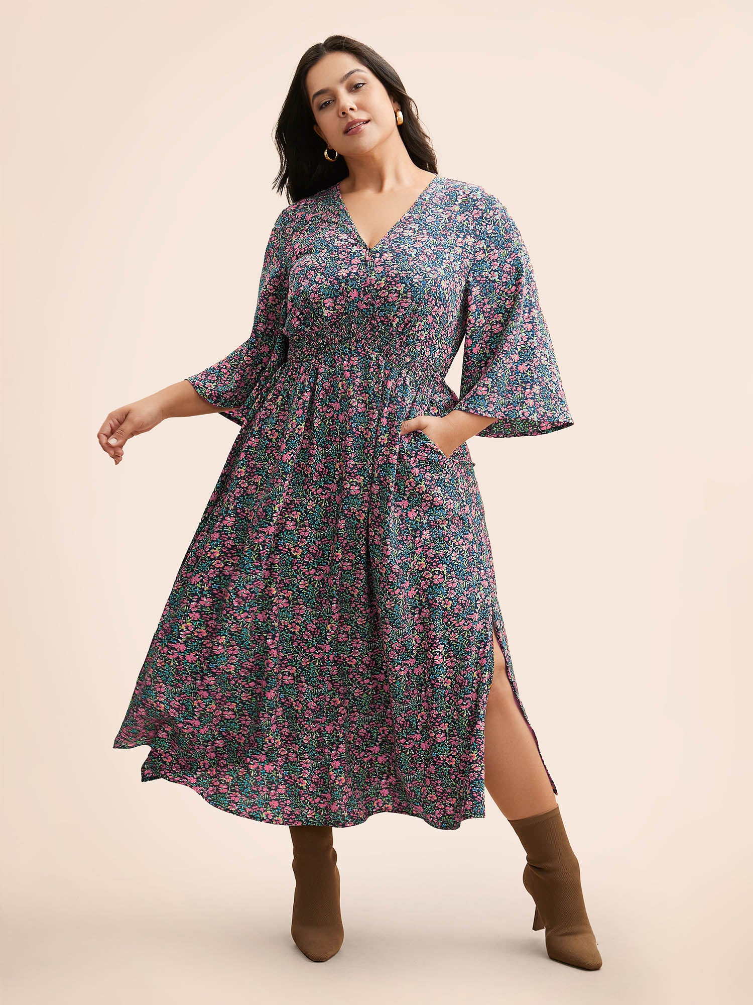 Ditsy Floral Shirred Slit Hem Maxi Dress